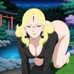 ai_generated all_fours ass bare_ass bare_legs barefoot black_sweater blonde blonde_female blonde_hair boruto:_naruto_next_generations breasts cleavage delta_(boruto) forehead_mark glasses looking_at_viewer naruto naruto_(series) no_pants on_hands_and_knees outdoors pink_eyes