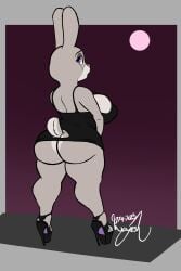 1girls animal_ears animal_tail anthro ass backboob big_ass big_breasts black_dress bonnie_hopps breasts bunny_ears bunny_tail clothing dress female female_only footwear full_body grey_body grey_skin heels high_heels huge_ass huge_breasts lagomorph looking_back mature mature_female mature_woman milf mother platform_heels purple_eyes short_dress solo solo_female tail wayesh zootopia