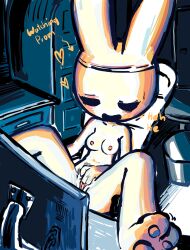 2025 animal_crossing black_eyes blush breasts coco_(animal_crossing) computer feet female female_only furry heart hearts_around_head legs_apart legs_spread masturbating masturbation nintendo nipples pleasurecheri pussy rabbit rubbing_own_pussy rubbing_pussy text