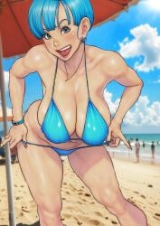 1girls 2d armwear b_0_rukia beach big_breasts bikini bikini_bottom bikini_top blue_bikini blue_eyes bottomwear breasts bulma_briefs cleavage dragon_ball ear_piercing earrings female female_only hair huge_breasts mature mature_female mature_woman milf nails necklace neckwear open_mouth short_hair solo solo_female teal_hair thighs topwear watch