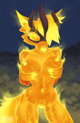 2d alternate_species anthro atronach bethesda_game_studios big_breasts breasts chopchop elemental_creature female fire fire_creature flame_atronach furrification furryfox hair hi_res microsoft nipples oblivion short_hair solo tail the_elder_scrolls