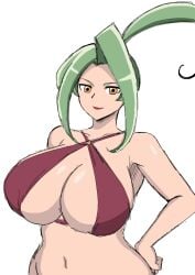 2d 2d_(artwork) bare_shoulders bikini bikini_top breasts curvy curvy_body curvy_female curvy_figure digital_drawing_(artwork) digital_media_(artwork) dinosaur_king green_hair hand_on_hip large_breasts light-skinned_female light_skin looking_at_viewer momiji_(artist) navel red_lips smile smiling_at_viewer ursula_(dinosaur_king) white_hair yellow_eyes