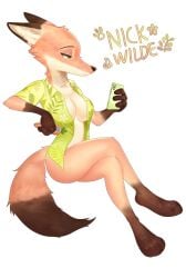 2020 anthro bottomless breasts canid canine carrot_pen clothed clothing digital_media_(artwork) dipstick_ears dipstick_tail disney ear_markings english_text female fox fur green_eyes hi_res leg_markings mammal markings mtf_crossgender multicolored_ears multicolored_tail nick_wilde open_clothing open_shirt open_topwear orange_body orange_fur red_fox rule_63 shaded shirt simple_background sitting socks_(marking) solo swetpot tail tail_markings text topwear true_fox white_background zootopia