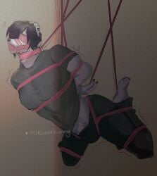 anthro arms_tied ball_gag bear big_bulge blindfold bondage bondage bottomwear bound brown_background bulge bunny_(milkbearbunny) clothing collar gag gagged hands_behind_back hi_res legs_tied male mammal milkbearbunny muscular muscular_anthro muscular_male muzzle_(object) muzzle_gag muzzled nipple_outline pants restraints rope rope_bondage rope_harness shirt simple_background solo submissive submissive_anthro submissive_male topwear