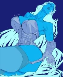 blue_diamond_(steven_universe) blue_hair blue_skin closed_eyes corset elbow_gloves garter_straps large_breasts lips long_hair long_neck sitting steven_universe teguimor thighhighs