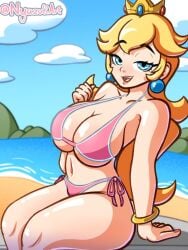 1girls artist_name bikini blonde_hair blue_eyes bracelet breasts cleavage crown edit edited edited_art female large_breasts long_hair looking_at_viewer mario_(series) navel nintendo nyazuliart open_mouth pink_bikini princess_peach side-tie_bikini solo solo_female solo_focus swimsuit thighs tongue