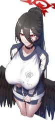 absurdres black_choker black_hair blue_archive blue_jacket blush breasts choker collarbone commentary covered_nipples cropped_legs embarrassed female gym_shorts gym_uniform hair_between_eyes halo hasumi_(blue_archive) hasumi_(track)_(blue_archive) highres huge_breasts jacket long_hair long_sleeves low_wings mole mole_under_eye multicolored_jacket official_alternate_costume ponytail red_eyes shiroshisu shorts simple_background sketch solo sweat two-tone_jacket white_background white_jacket wings zipper