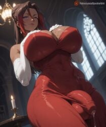 1futa abs ada_wong ai_generated big_breasts black_hair blush breasts bulge curvy curvy_figure dark-skinned_futa dark-skinned_futanari dark_skin dickgirl dominatrix dress dripping_precum female fishnets from_below futa_only futanari gloves hairbun hands_on_breasts high_resolution highres huge_balls huge_breasts huge_cock huge_testicles indoors kono_subarashii_sekai_ni_shukufuku_wo! looking_at_viewer multicolored_hair penis penis_bulge precum purple_eyes red_dress red_hair smooth_skin solo solo_focus solo_futa spectreai sylvia_(konosuba) thick thick_legs thick_thighs thighhighs thighs tight_clothing white_gloves
