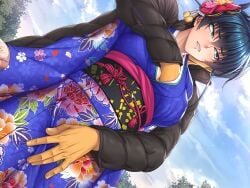 1boy 1girls blue_hair braless breast_grab breasts dark_hair disgusted_look dutch_angle embarrassed fingering fingering_from_behind fingering_through_clothes forced game_cg grabbing grabbing_from_behind green_eyes hair_ornament igawa_asagi jacket kemono large_breasts restrained taimanin_(series) taimanin_rpgx