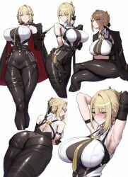absurdres arm_strap armpits arms_up ass belt black_belt black_gloves black_pants blonde_hair breasts choker commentary_request cropped_legs crossed_legs curvy evelyn_chevalier female gloves highres jacket jacket_on_shoulders multiple_views pants parted_lips purple_eyes shiroshisu shirt simple_background sitting sleeveless sleeveless_shirt suspenders tight_clothes tight_pants white_background white_shirt wing_collar zenless_zone_zero