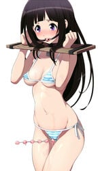 ball_gag bikini blush bondage bondage bound breasts chitanda_eru collar crotch_rope female gag gagged hyouka pillory pussy_juice rope_walking shin'ya_(shin'yanchi) solo striped striped_bikini striped_swimsuit swimsuit underboob white_background