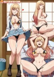 ass bare_legs bikini bikini_under_clothes blonde_hair breasts clothes_lift female floral_print_bikini gradient_hair gyaru heart highres kitagawa_marin large_breasts long_hair lying multicolored_hair on_back pendant_choker print_bikini pussy reit reverse_cowgirl_position school_uniform seductive_smile sequential sex skirt skirt_lift smile solo_focus sono_bisque_doll_wa_koi_wo_suru straddling straight swimsuit thighs