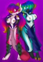 2011 aakashi anthro big_breasts biped black_hair black_markings blue_body blue_highlights breast_expansion breasts clothed clothing colored countershade_face countershade_torso countershading duo duo_transformation expansion female fully_clothed gender_transformation genitals gradient_hair green_eyes hair highlights_(coloring) humanoid ineffective_clothing lagomorph leporid long_hair mammal markings mid_transformation mtf_transformation nipples oversized_clothing purple_background purple_eyes pussy simple_background species_transformation spots spotted_markings standing transformation unknown_species white_body white_countershading