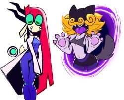 antelope arthropod_abdomen big_feet blonde_hair blue_body blush breasts brown_tail cat_humanoid cat_tail clothed clothing coat domestic_cat fan_character fangs female female_focus female_only furry furry_breasts furry_ears furry_female furry_only furry_tail glasses hat horn ilana(la_tiapat) la_tiapat long_ears long_hair long_neck looking_at_viewer nerd nervous nervous_smile pamela_(la_tiapat) pants paws portal purple_body purple_fur red_hair seaside sexy short_hair sketch slim slim_female slim_girl smile smiley_face striped_pants tail tight_clothing tight_fit tongue tongue_out white_background wide_hips