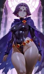 ai_art ai_generated bigbizarts black_leotard curvy dc dc_comics female forehead_jewel gem grey_skin purple_cloak purple_eyes purple_hair raven_(dc) short_hair thick_thighs wide_hips