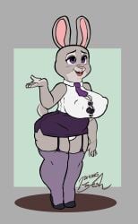 1girls animal_ears animal_tail anthro big_breasts bonnie_hopps breasts bunny_ears bunny_tail clothing female female_only footwear full_body garter_straps grey_body grey_skin heels high_heels huge_breasts lagomorph mature mature_female mature_woman milf mother necktie neckwear nipple_bulge office_lady pencil_skirt purple_eyes skirt solo solo_female tail thighhighs thighs wayesh zootopia