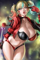 absurdres artist_name baseball_bat blonde_hair blue_eyes blue_hair bracelet breasts bustier choker cleavage commentary cropped_jacket dc_comics earrings english_commentary eyeshadow female gloves harley_quinn highres holding holding_baseball_bat jacket jewelry large_breasts leaning_forward legs_together lipstick looking_to_the_side makeup micro_shorts multicolored_hair open_clothes open_jacket panties red_gloves red_hair red_lips shorts solo spiked_bracelet spikes standing stomach suicide_squad_isekai twintails underwear unzipped wtparadise