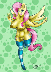 2015 absurd_res anthro anthrofied areola big_breasts breasts clothed clothing cutie_mark equine female fluttershy_(mlp) friendship_is_magic fur hair hi_res legwear looking_at_viewer mammal mostly_nude my_little_pony nipples nude open_mouth pegasus pink_hair simple_background smile socks solo stockings straight_hair striped striped_legwear striped_socks stripes sunnyslash thigh_highs wings