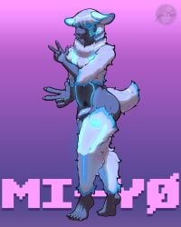 5_fingers 5_toes absurd_res android anthro barcode barcode_on_pubis black_body blue_body blue_fur blue_hair bodily_fluids bovid caprine covered_eyes cybernetics cyberpunk feet femboy fingers flaccid fluffy foreskin fur genital_fluids genitals gesture glowing_vein gradient_hair hair hair_over_eyes hand_gesture hi_res machine male mammal metal_parts mi-y0 neon_lights penis precum robot sheep solo toes uncircumcised v_sign white_body white_fur white_hair yanidesu
