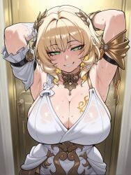 aglaea_(honkai:_star_rail) ai_generated armpit_fetish armpits arms_behind_head arms_up bare_shoulders blonde_hair cleavage female female_focus greek_clothes green_eyes hair_ornament honkai:_star_rail large_breasts seductive seductive_look short_hair steam steaming_body sweat sweatdrop tattoo_on_breast voluptuous voluptuous_female white_dress