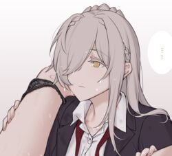 ... 2girls black_jacket blazer braid cartonbox_(zhixiang_zhi) closed_mouth collared_shirt female grey_hair hair_over_one_eye hancock_(warship_girls_r) highres jacket long_hair multiple_girls necktie open_clothes open_jacket red_necktie red_ribbon ribbon shirt simple_background solo_focus sweat underwear upper_body warship_girls_r white_background white_shirt yellow_eyes yuri