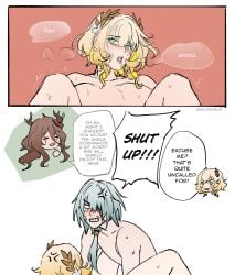 1boy 2girls aglaea_(honkai:_star_rail) ambiguous_penetration anaxa_(honkai:_star_rail) blonde_female blonde_hair blue_eyes blush color colored comic completely_naked completely_naked_female completely_nude completely_nude_female completely_nude_male dialogue digital_drawing_(artwork) digital_media_(artwork) drooling english english_commentary english_dialogue english_text female female_focus female_human female_penetrated hetero honkai:_star_rail honkai_(series) hoyoverse human implied_sex light-skinned_female light-skinned_male light_skin looking_at_another looking_at_partner looking_pleasured looking_up male male/female male_penetrating male_penetrating_female meme mihoyo missionary_position naked naked_female naked_male nude nude_female nude_male panting pleasure_face short_hair speech_bubble spikes spread_legs straight sweat sweatdrop text tied_hair trembling white_body