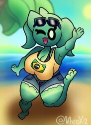 2d 2d_(artwork) 2d_artwork beach beach_background bearfoot big_breasts brazilian brazilian_female brazilian_flag brazilian_tan breasts curvaceous curvy curvy_body curvy_female curvy_figure glasses green_hair green_skin happy happy_female huge_breasts large_breasts nipple_bulge no_pupils ocean palm_tree sand shorts smile smiling smiling_at_viewer sunglasses tan-skinned_female tan_body tan_skin tanline tanlines thick thick_female thick_legs thick_thighs thighs vhrox2 vhroxy_(character) voluptuous voluptuous_female wave waving_at_viewer waving_hand white_eyes wink winking winking_at_viewer