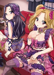 2girls aikatsu! black_hair blonde_hair blush breasts brown_eyes cleavage daichi_nono highres long_hair looking_at_viewer masturbation multiple_girls nipples nori_(akusei_shinseibutsu) one_breast_out purple_eyes shirakaba_risa