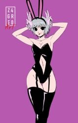 1girls bunny_ears bunnysuit exposed_midriff female gloves kagurabachi navel peace_sign petite plain_background silver_hair slim_waist solo solo_female solo_focus tongue_out toto_(kagurabachi) z4gre0