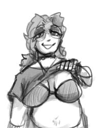 1girls big_breasts bra cleavage exposed_bra exposed_stomach exposed_torso eyeshadow female glasses lifting_own_clothes lifting_own_shirt lifting_shirt looking_at_viewer monochrome punkitt self_portrait trans_woman trans_woman_(lore) wolfgirl9million