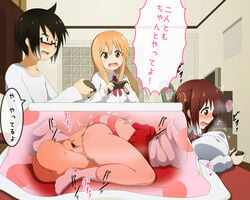 1boy 2girls black_hair blonde_hair blush bottomless breasts brother_and_sister brown_eyes brown_hair butterfly_sitting clothed_sex controller covered_nipples doma_taihei doma_umaru ebina_nana glasses himouto!_umaru-chan kotatsu large_breasts long_hair lying morokoshitaroh motion_lines multiple_girls on_stomach open_mouth panties penetration penis pillow playing_games profile pun school_uniform semi-rimless_glasses sex sex_from_behind shimapan short_hair siblings skirt skirt_lift stealth_sex straight striped striped_panties table text tied_hair translation_request twintails under-rim_glasses underwear vaginal_penetration wavy_mouth