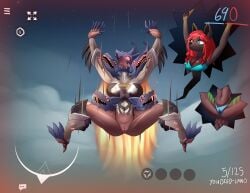 absurd_res anthro bikini black_body bodily_fluids canid canine canis clothing defeated duo falling farith_(thenamist) female game_over gameplay_mechanics genital_fluids genitals gui hair health_bar hi_res mammal motion_lines multi_head platformer_death_pose pussy pussy_juice_through_clothing raised_arms red_hair screaming spread_legs spreading stripes swimwear two-piece_swimsuit vaginal_fluids voruna_(warframe) warframe_(species) wet wet_clothing wolf yeahnomaybeyeahno