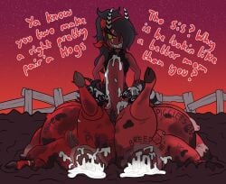 after_sex cumflation farm futadom futanari gaping_anus gaping_pussy helluva_boss herm/female herm/male imp impregnation incest inflation intersex kritterkabal large_penis millie_(helluva_boss) moxxie_(helluva_boss) mud red-skinned_female red_skin sallie_may_(helluva_boss)