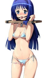 ball_gag bikini blush bondage bondage bound breasts collar crotch_rope female gag gagged kanon minase_nayuki pillory pussy_juice rope_walking shin'ya_(shin'yanchi) solo striped striped_bikini striped_swimsuit swimsuit underboob white_background