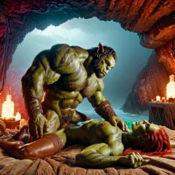 3d ai_generated big_muscle big_penis erection green_skin huge_cock male muscular_male orc orc_female orc_male orced penis