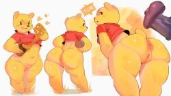 16:9 anthro anus ass bear biped black_eyes bottomless closed_smile clothed clothing dialogue disney duo erection female food fur genitals heart_symbol hi_res honey_(food) male mammal mouth_closed mtf_crossgender navel open_mouth open_smile penis pooh_bear rule_63 sachsech205 short_tail simple_background simple_eyes smile solo_focus speech_bubble tail topwear white_background widescreen winnie_the_pooh_(franchise) yellow_body yellow_fur yellow_tail