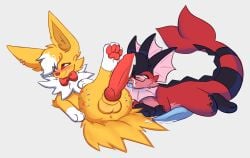 animal_genitalia animal_penis balls big_ears big_penis black_hair black_paws black_tail blue_nose blue_penis blue_tongue bodily_fluids canine_genitalia canine_penis cum eeveelution eyewear fin frill_(anatomy) fur generation_1_pokemon genital_fluids genitals glasses hair hi_res jolteon knot looking_at_another male male/male markings multicolored_body necktie nintendo pawpads penis pink_body pink_frill pokemon pokemon_(species) red_body red_eyes red_fur red_pawpads red_tail smile sprinkles striped_markings striped_tail stripes tail tail_markings tapering_penis tongue tongue_out tuni_(tunibarks) tunibarks two_tone_body vaporeon vappy_liv white_hair white_paws yellow_body