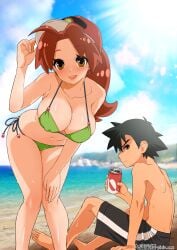 armpit_crease bare_arms bare_belly bare_legs bare_shoulders bare_thighs beach belly_button bent_over big_breasts bikini blush breasts brown_eyes brown_hair cleavage coffee-break collarbone delia_ketchum_(pokemon) green_bikini hand_on_own_knee hat long_hair mature_female milf mother_and_son nipples_visible_through_clothing outdoors parted_lips pokemon satoshi_(pokemon) shiny_skin side-tie_bikini_bottom sideboob smile standing thighs wet_body