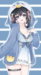 :d ahoge bangs black_hair blue_eyes blush breasts cleavage cowboy_shot diagonal_stripes eyebrows_visible_through_hair female hair_ornament heart hood jacket lilnoot_(vtuber) long_sleeves looking_at_viewer medium_breasts multicolored_hair open_mouth smile solo standing star_(symbol) star_hair_ornament striped striped_background swimsuit thigh_strap vertical_stripes virtual_youtuber