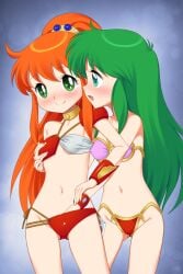 2girls armor ass_visible_through_thighs ayanokouji_rem bare_shoulders bikini bikini_armor blue_eyes blush bracer breasts caron_(rall) commentary_request commission commissioner_upload covered_nipples crossover dream_hunter_rem face-to-face fingering fugetsu_taku grabbing_another's_breast green_eyes green_hair groin groping hand_in_bikini highres long_hair multiple_girls navel open_mouth orange_hair pink_bikini ponytail red_bikini sf_choujigen_densetsu_rall side-tie_bikini_bottom skeb_commission small_breasts smile swimsuit thighs trait_connection very_long_hair yuri