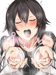 bare_shoulders black_hair blush breasts breath bukkake closed_eyes cum cum_on_body cum_on_breasts cum_on_clothes cum_on_hair cum_on_upper_body facial female hayasui_(kantai_collection) jacket kantai_collection long_sleeves looking_at_viewer open_clothes open_jacket open_mouth outstretched_arms penis short_hair smile solo tank_top tongue track_jacket trembling ulrich_(tagaragakuin)