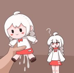 1girls cum_in_plushie female meme plushie plushophilia red_bow red_eyes sex sparkle_doll_meme twin_braids warma white_clothes white_hair white_hair_top