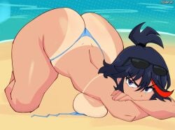 1girls all_fours angry ass beach bending_over butt_crack female_focus female_only huge_breasts kill_la_kill looking_at_viewer matoi_ryuuko ponytail raised_ass ryukman sexy sexy_pose sunglasses tan_body tanline thick_thighs tomboy