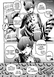 black_butler blush bodily_fluids candy ciel_phantomhive clothing comic demon demon_humanoid dessert duo english_text eye_patch eyelashes eyewear feet food foot_fetish foot_play footjob genital_fluids genitals greyscale hi_res horn human humanoid kurosh00kie legwear lollipop male male/male mammal monochrome not_furry penis sebastian_michaelis sex spade_tail speech_bubble tail text tights tongue tongue_out