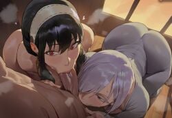 1boy 2girls areolae ass big_ass black_hair blowjob blowjob_face blush breasts_out bubble_butt erection fat_ass fiona_frost hair_covering_eye highres hourglass_figure lavender_hair looking_up nipples penis penis_in_mouth purple_eyes red_eyes shexyo spy_x_family sweating veiny_penis wide_hips yor_briar yor_forger