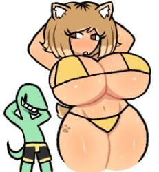 1boy 1girls 2d 2d_(artwork) 2d_artwork big_breasts bikini bikini_bottom bikini_top boxers_(clothing) breasts breasts_bigger_than_head canine curvaceous curvy curvy_body curvy_female curvy_figure cute cute_face cute_female cute_girl dinosaur dog_ears dog_girl dog_tail female green_body green_skin hands_behind_head hira.shotgun huge_breasts large_breasts light-skinned_female light_brown_hair light_skin looking_at_another looking_back male mimicking paw_print shiba_(hira.shotgun) shiba_inu shiba_inu_humanoid shiny shiny_body shiny_breasts shiny_butt shiny_skin smile smiling smiling_at_another smiling_male tattoo tattoo_on_hips thick thick_female thick_thighs unique_style voluptuous voluptuous_female yellow_bikini