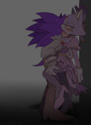 1boy1girl against_wall anthro anthro_female anthro_male big_breasts blaze_the_cat cleavage dress female horny_male imminent_sex licking male nervous romantic romantic_couple sega sonic_(series) sonic_the_hedgehog sweating teasing yeonwu22