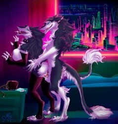 2d balls bersek bodily_fluids claws clitoral_hood cum duo female from_behind_position genital_fluids genitals hi_res male male/female open_mouth open_smile penetration penis prehensile_clitoral_hood sergal sex side_view smile standing standing_sex tail tail_tuft tausen_lion tuft vaginal_penetration