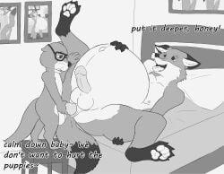 absurd_res anal anal_sex anthro anthro_on_anthro bed bedroom belly black_and_white canid canine dialogue disney duo emmitt_otterton fox furniture hi_res male male/male mammal monochrome mrripper338 mustelid nick_wilde otter pawpads penetration pregnant pregnant_male sex sketch text zootopia