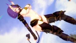 arms_behind_head beach bikini bikini_armor breasts demon_girl demon_tail female hannahhyrule horns indie_virtual_youtuber large_breasts midriff oni oni_horns purple_hair red_eyes spamkaju underboob virtual_youtuber vtuber